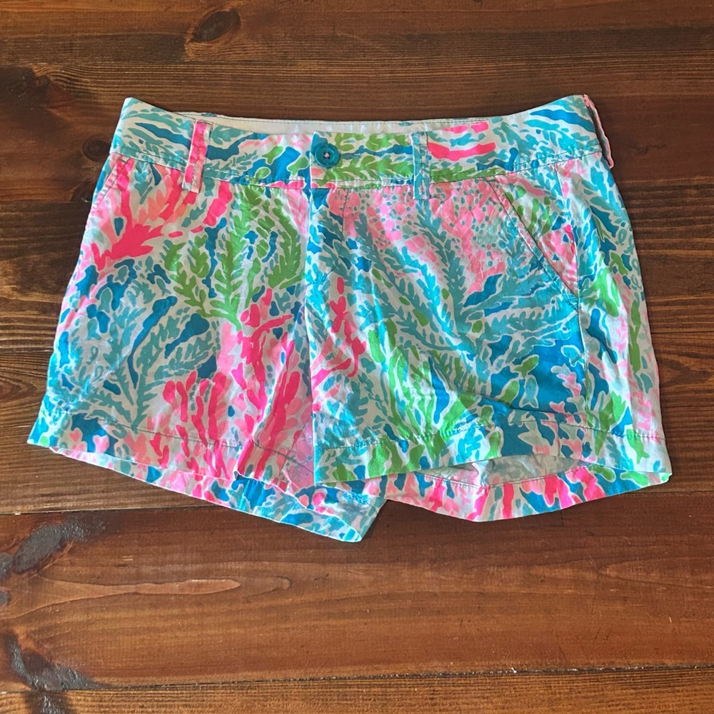 Lilly Pulitzer Pink and Blue Bermuda Shorts Vibrant Tropical Print
